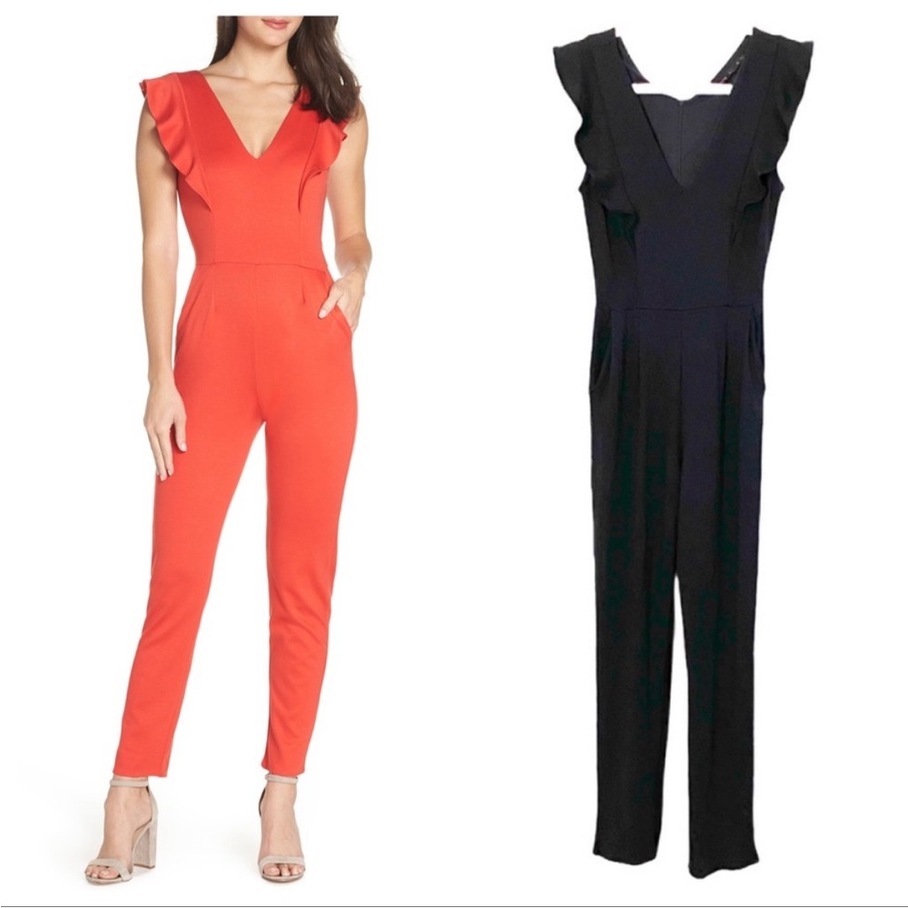NWT Fraiche by J Nordstrom Black Ruffle V-Neck Sleeveless Jumpsuit